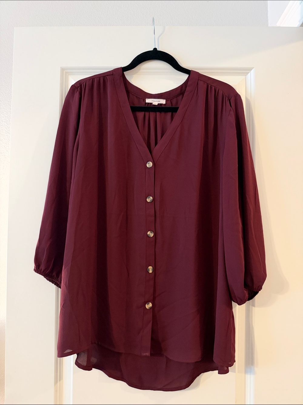 Maurices Burgundy V-Neck Button-Front Blouse